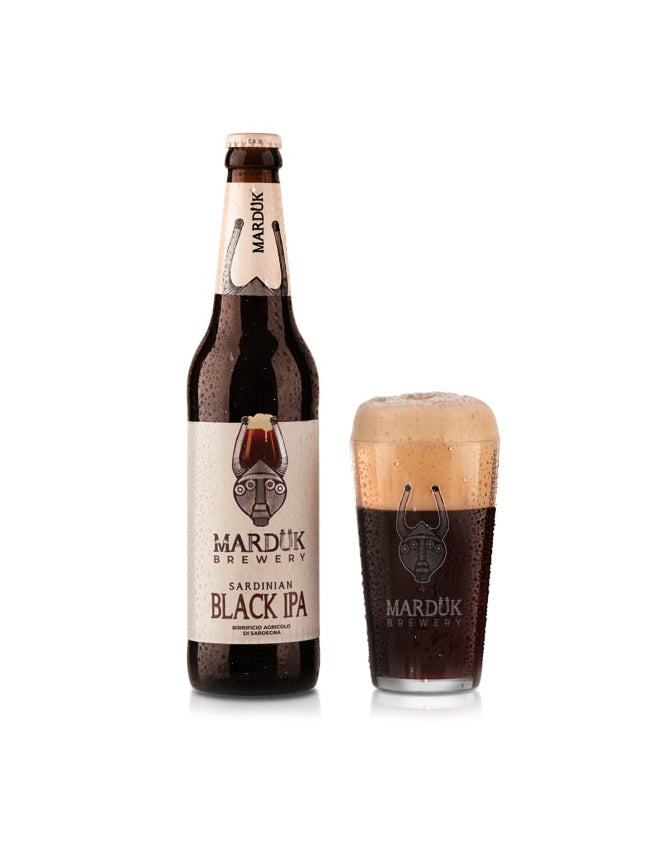 bicchiere e bottiglia di birra scura black ipa del birrificio Marduk vendute da buono!