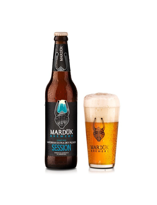 boccale e bottiglia di birra chiara tipo pilsner Session prodotta dal birrificio Marduk e venduta da Buono!
