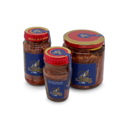 vasetti in vetro di filetti di acciughe del mediterraneo in olio di semi di girasole prodotti da Efisio Salis e venduti da Buono!