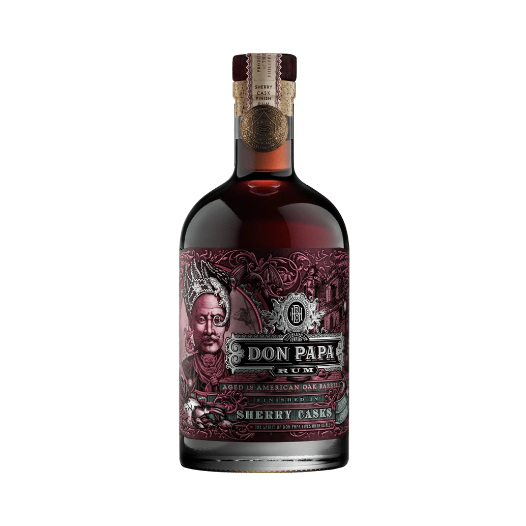 Bottiglia di rum Don Papa Sherry Casks con etichetta di colore rosso ciliegia venduto da Buono!