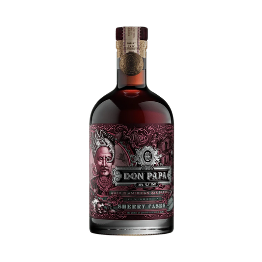 Bottiglia di rum Don Papa Sherry Casks con etichetta di colore rosso ciliegia venduto da Buono!