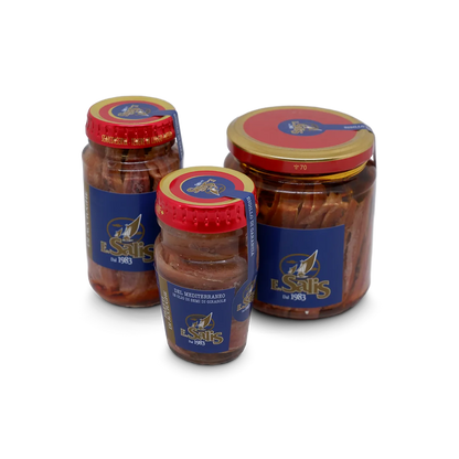 vasetti in vetro di filetti di acciughe del mediterraneo in olio di semi di girasole prodotti da Efisio Salis e venduti da Buono!