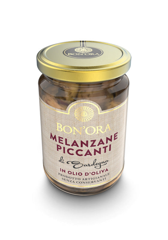 Barattolo di verdure melanzane piccanti sott'olio prodotti dall'azienda artigianale Bon'ora e venduti da Buono!