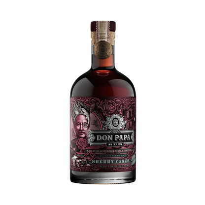 Bottiglia di rum Don Papa Sherry Casks con etichetta di colore rosso ciliegia venduto da Buono!